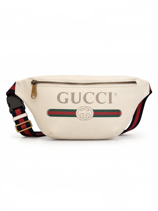 Gucci Handbags - Authentic Gucci Print Leather Belt Bag White Logo Web Stripe Crossbody